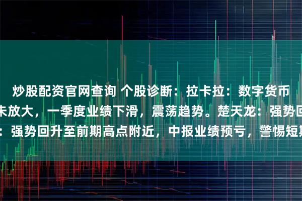 炒股配资官网查询 个股诊断：拉卡拉：数字货币概念，反弹过程中量能未放大，一季度业绩下滑，震荡趋势。楚天龙：强势回升至前期高点附近，中报业绩预亏，警惕短期震荡风险（杨勇）